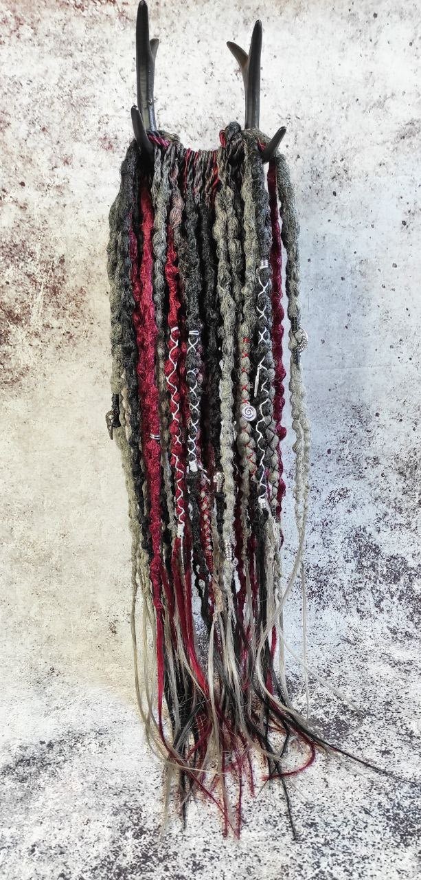 Black and Red with Ombre to Red and Grey Synthetic Dreads