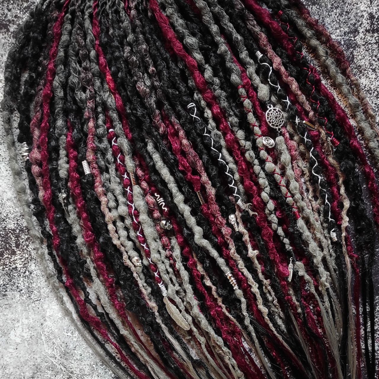 Black and Red with Ombre to Red and Grey Synthetic Dreads