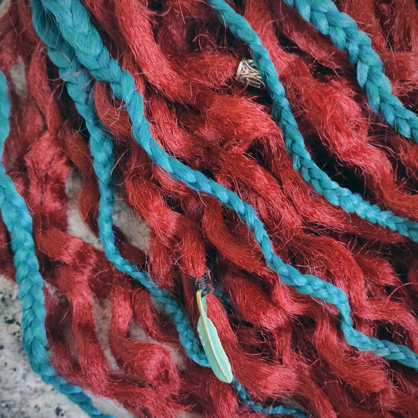 Bright Red Ginger and Green Curly Dreads Extensions.