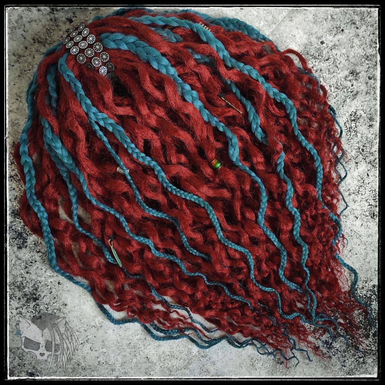Bright Red Ginger and Green Curly Dreads Extensions.