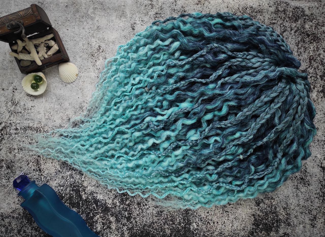 Curly Dreads. Ombre Dark Blue to Mint - Sea Wave