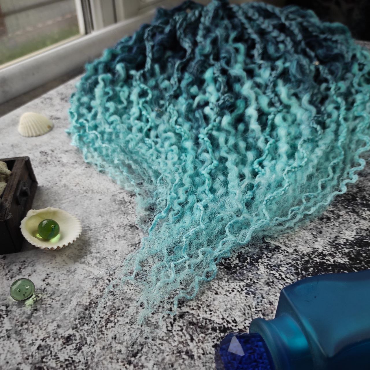 Curly Dreads. Ombre Dark Blue to Mint - Sea Wave