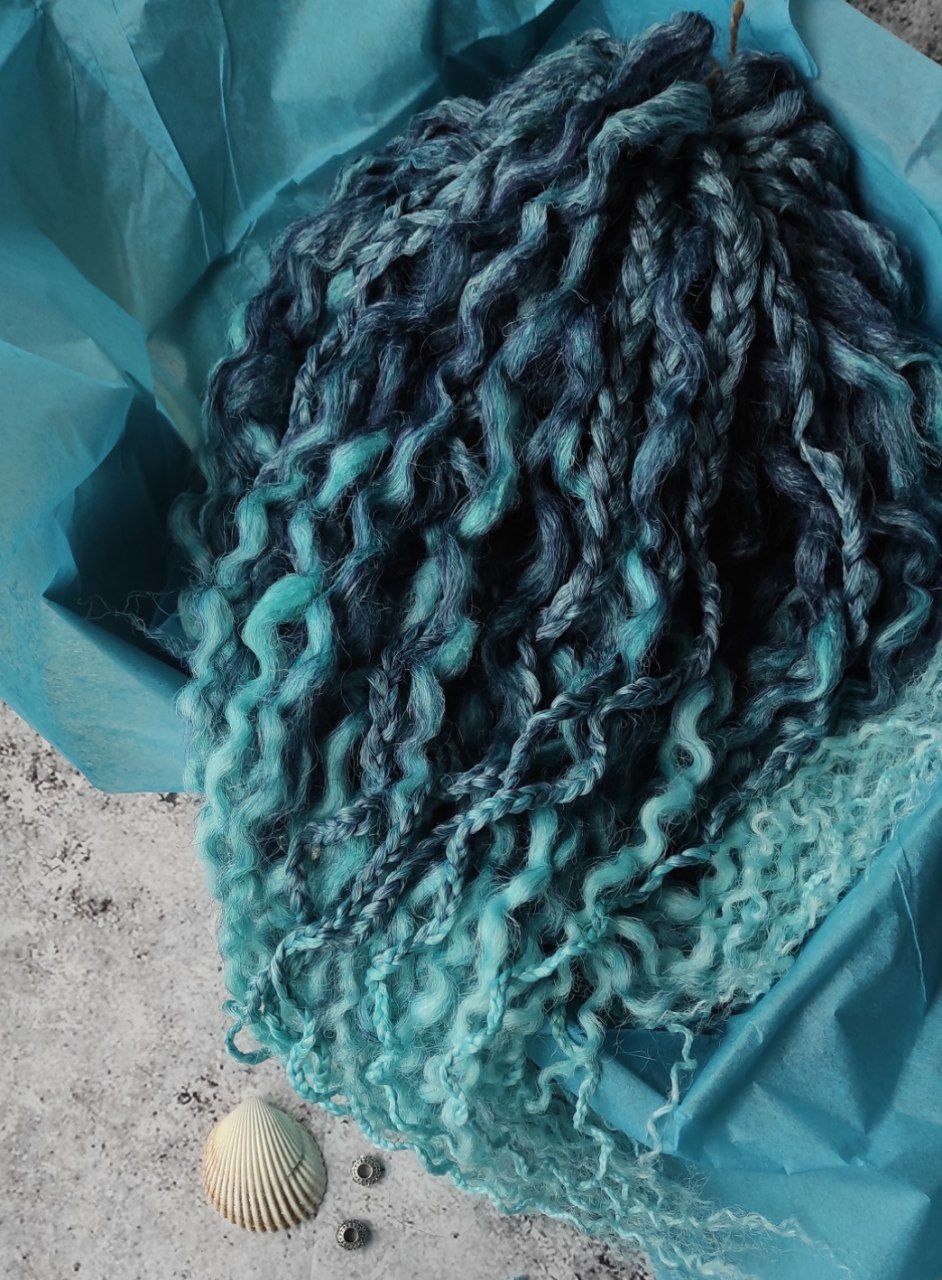 Curly Dreads. Ombre Dark Blue to Mint - Sea Wave