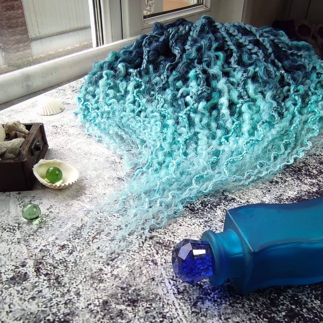 Curly Dreads. Ombre Dark Blue to Mint - Sea Wave