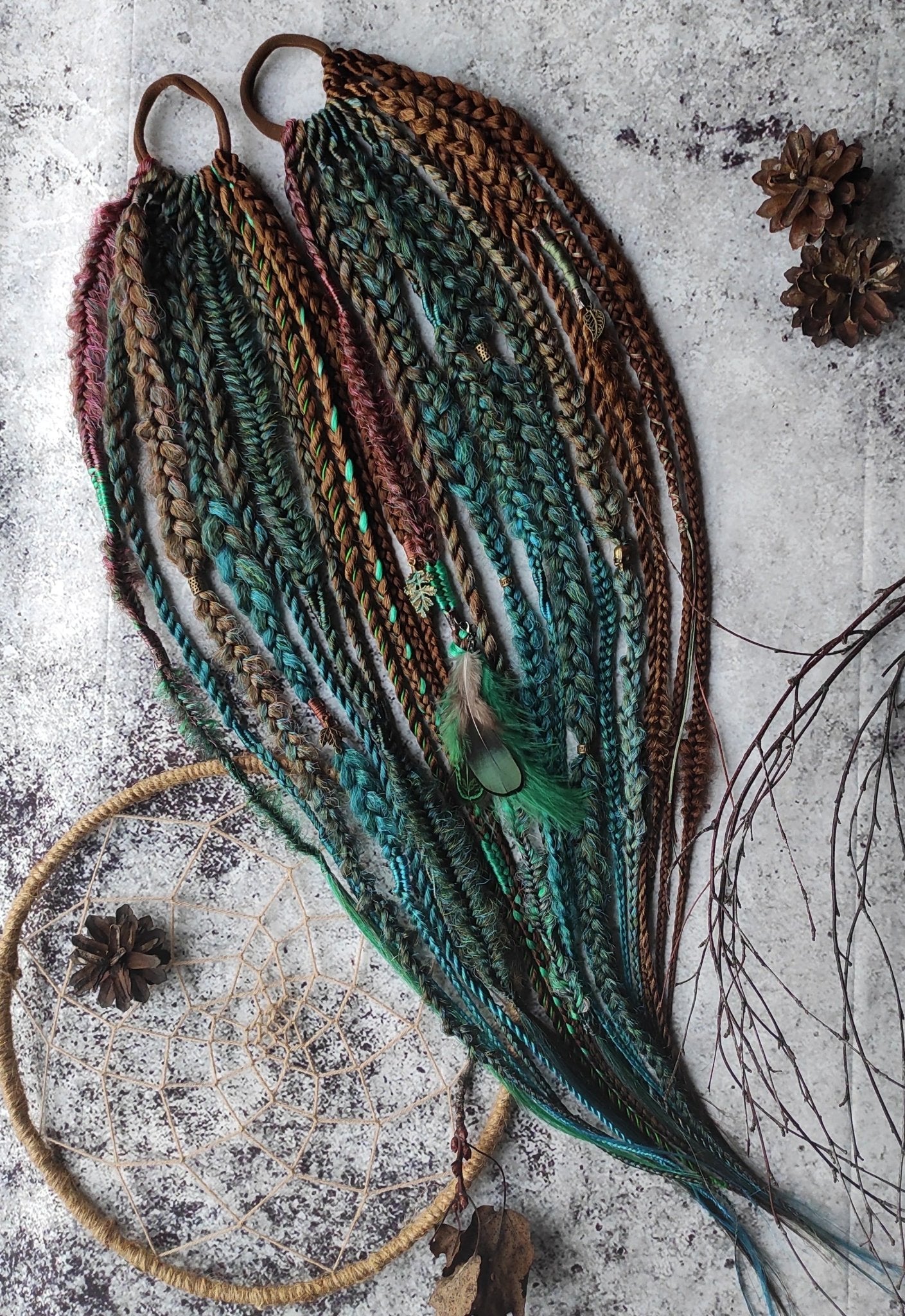 Brown and Green Synthetic Braids with Elastic Hair bands