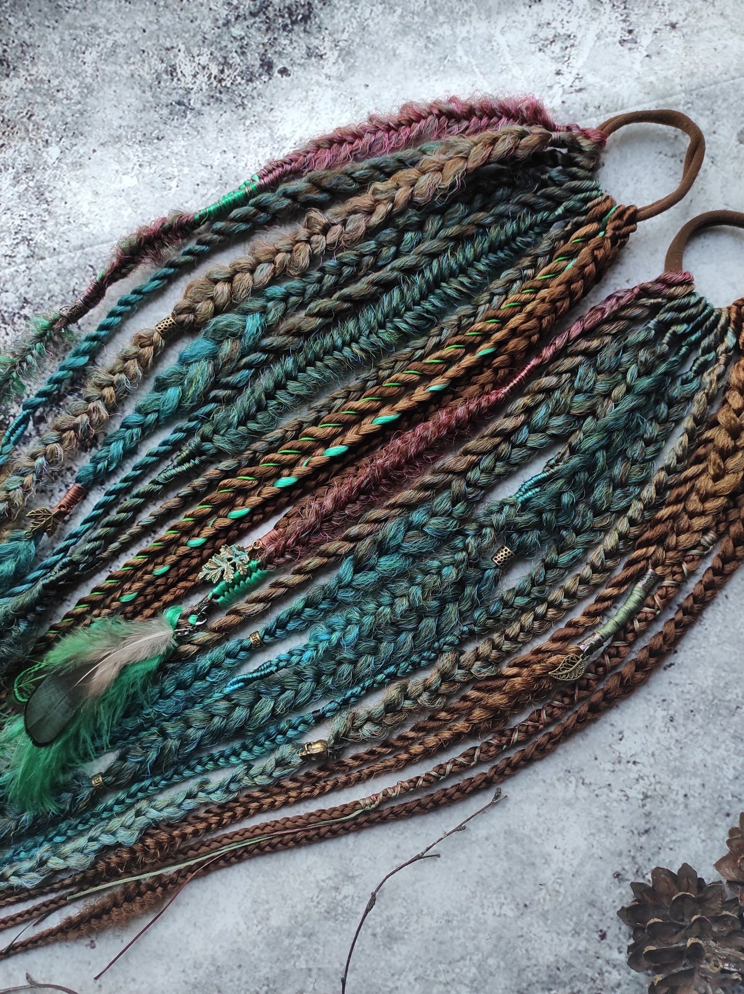 Brown and Green Synthetic Braids with Elastic Hair bands