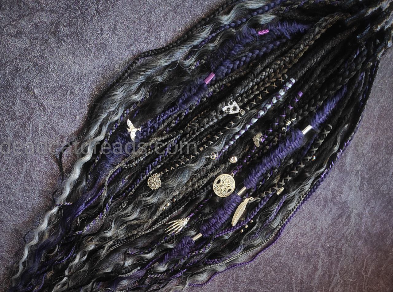 Goth Style Black, Ashy Gray, Purple Dreads with Curls and witchy decorations