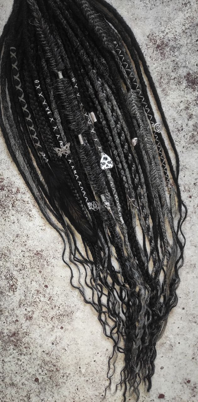 black and dark grey synthetic dreads with braids. Curly Loose Ends and Goth jewelry