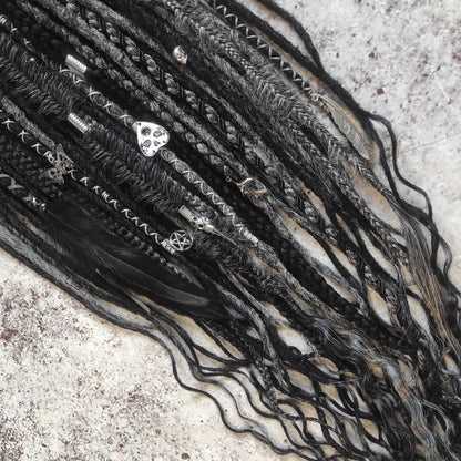 black and dark grey synthetic dreads with braids and goth jewelry