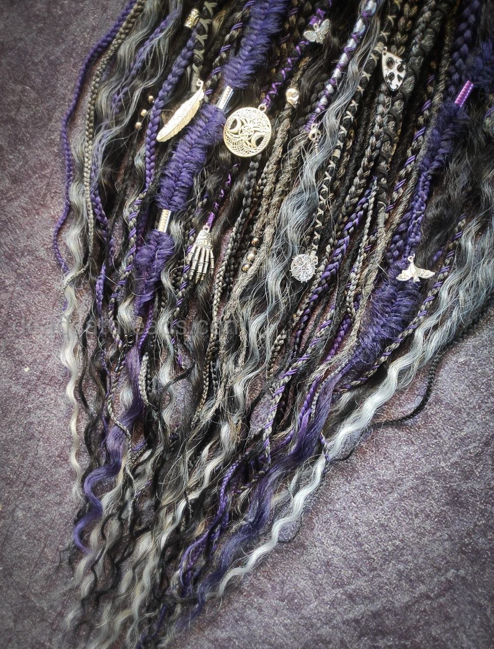 Goth Style Black, Ashy Gray, Purple Dreads with Curls and witchy decorations