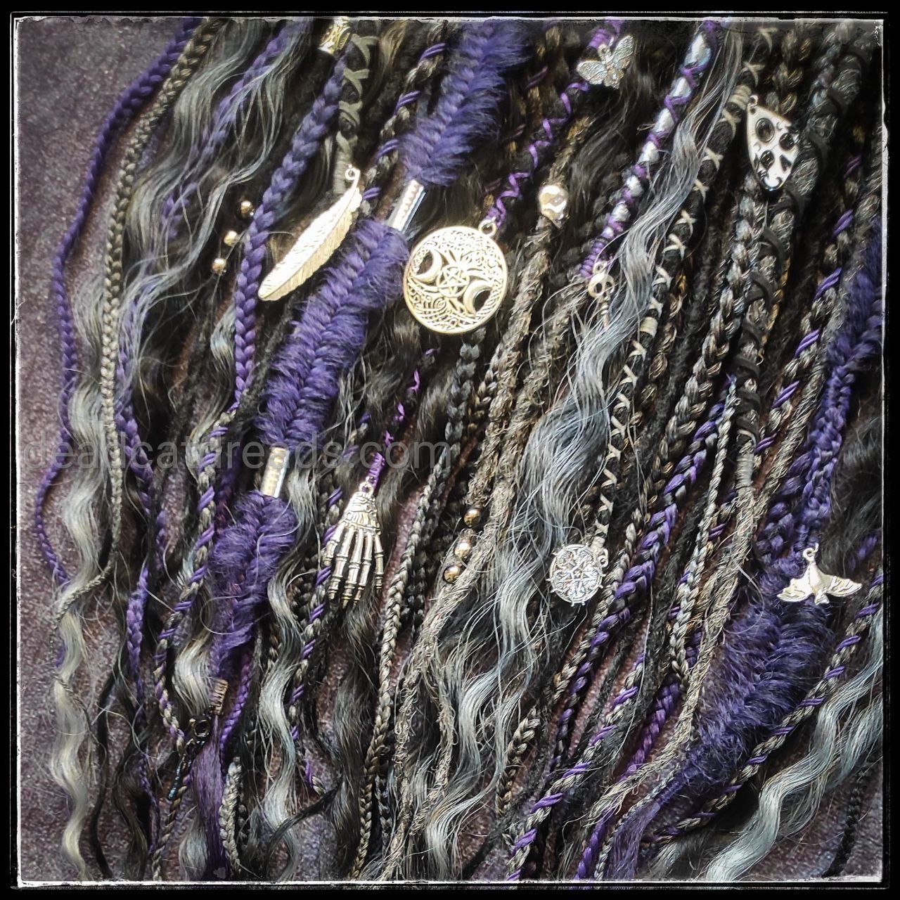 Goth Style Black, Ashy Gray, Purple Dreads with Curls and witchy decorations