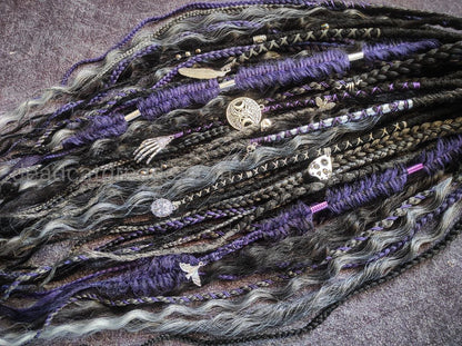 Goth Style Black, Ashy Gray, Purple Dreads with Curls and witchy decorations