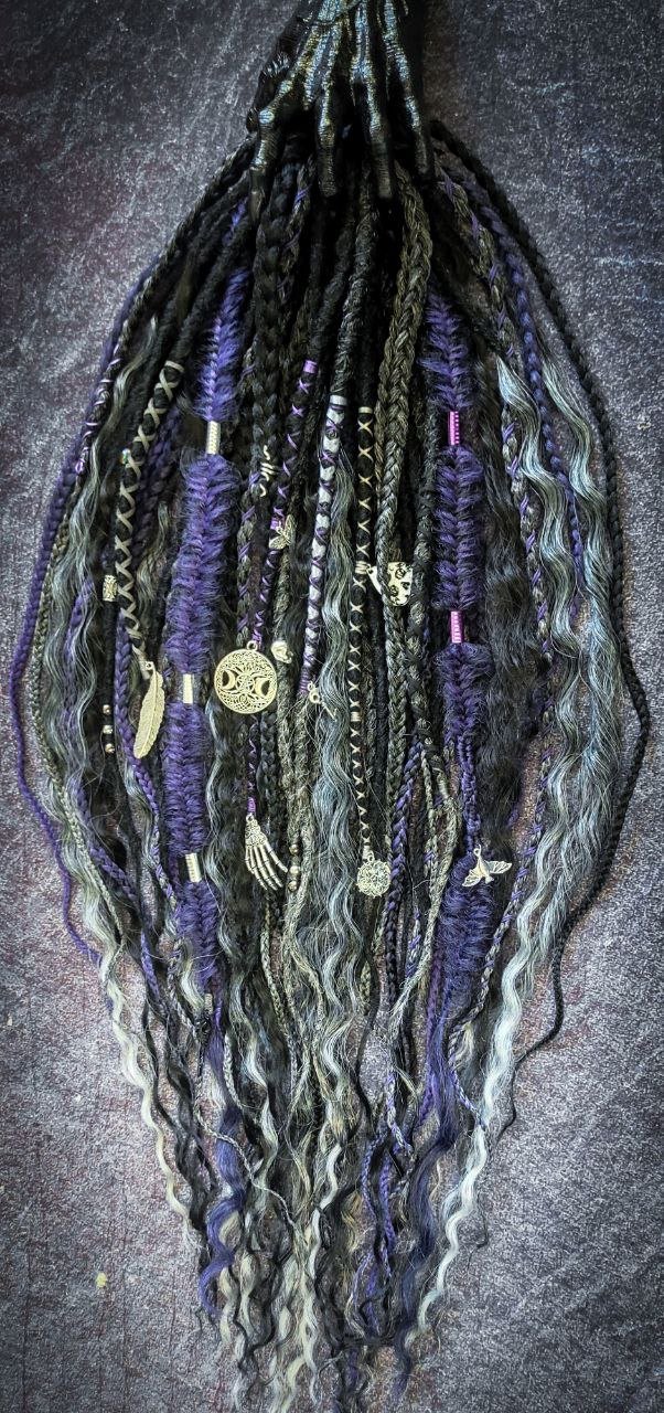 Goth Style Black, Ashy Gray, Purple Dreads with Curls and witchy decorations