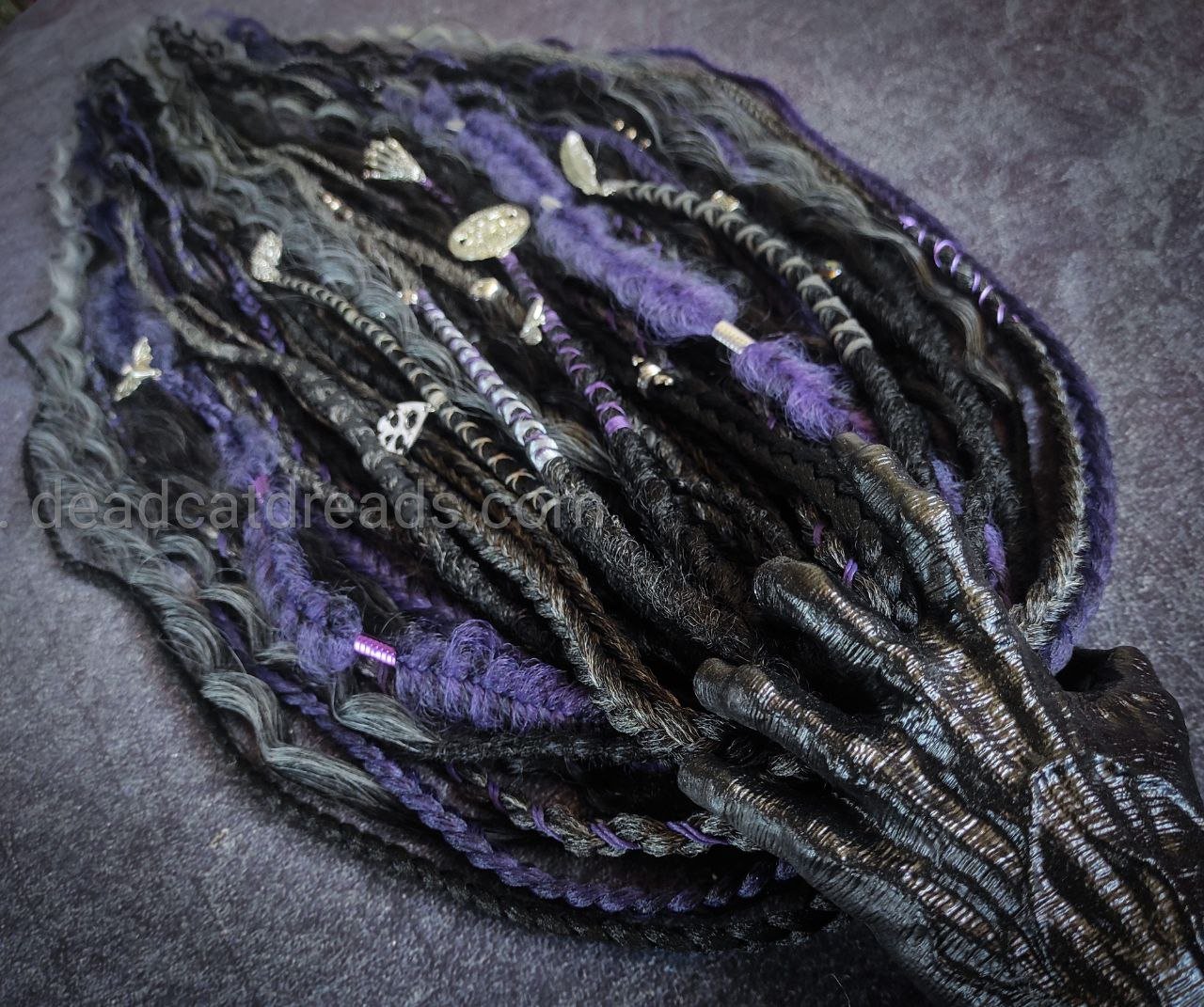 Goth Style Black, Ashy Gray, Purple Dreads with Curls and witchy decorations