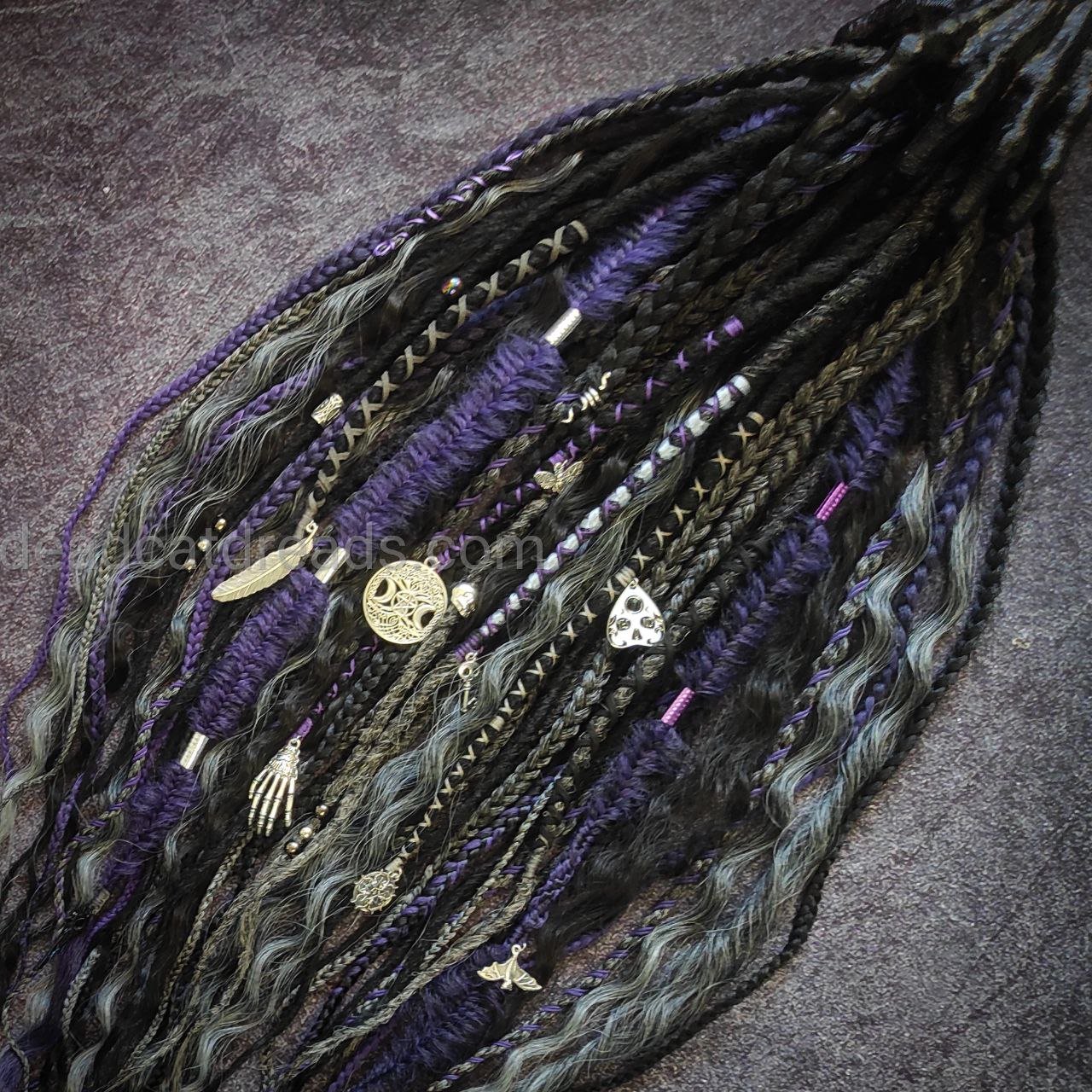 Goth Style Black, Ashy Gray, Purple Dreads with Curls and witchy decorations