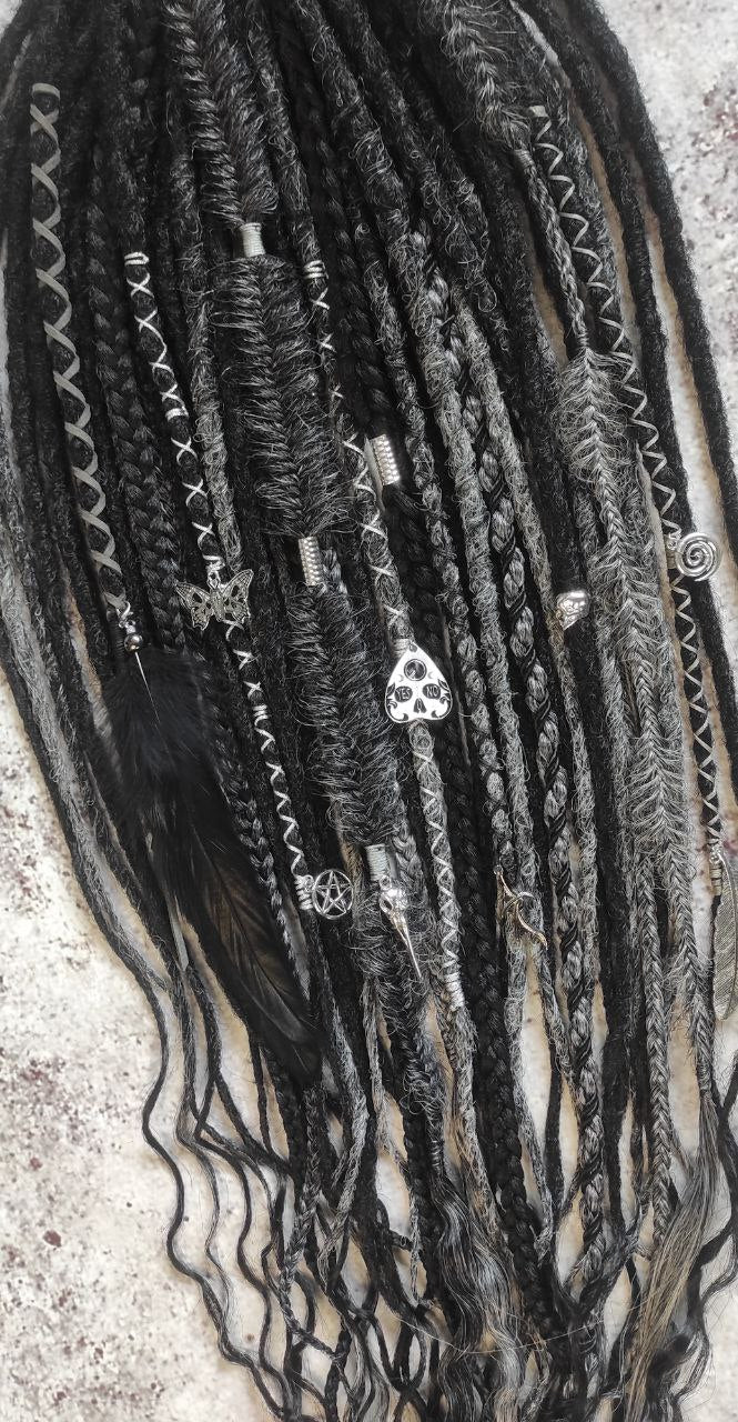 black and dark grey synthetic dreads with braids and goth jewelry