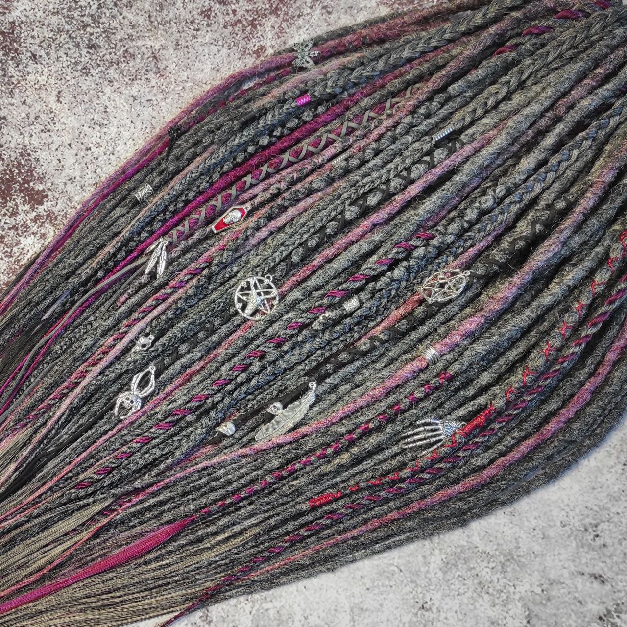 Grey Ashes Dreads and Braids with accents of Magenta and Black