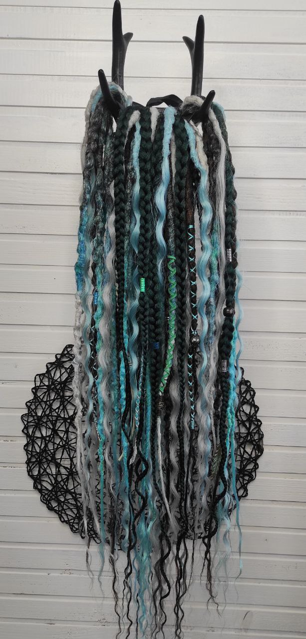 Brown Green Synthetic Dreads with Blue and Gray Curls and Emerald Braids