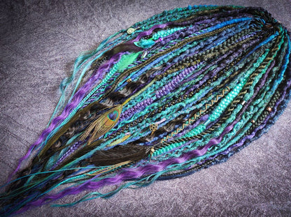 Turquoise Purple Green and Black Ombre Synthetic Dreads with Braids and Curls