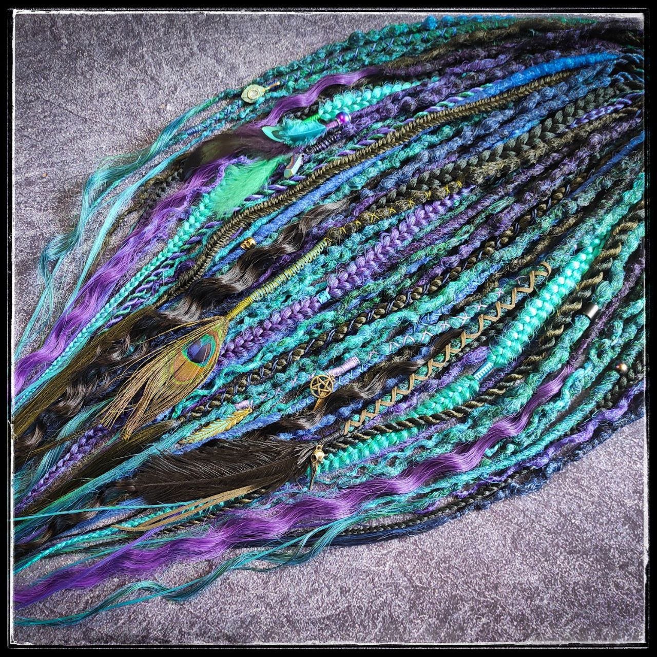 Turquoise Purple Green and Black Ombre Synthetic Dreads with Braids and Curls