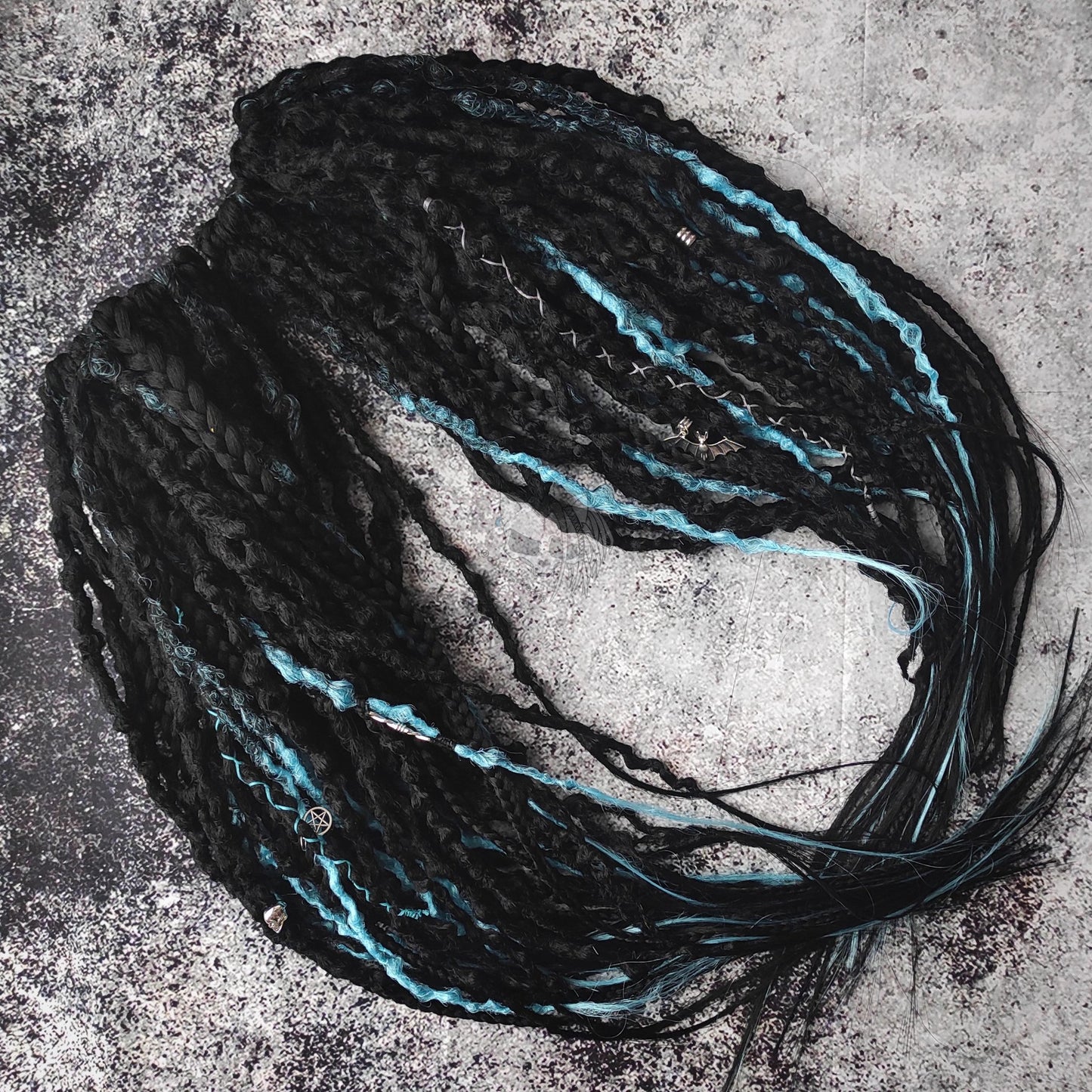 Black with Blue Goth Dreadlocks with Braids. Custom Synthetic Extensions.