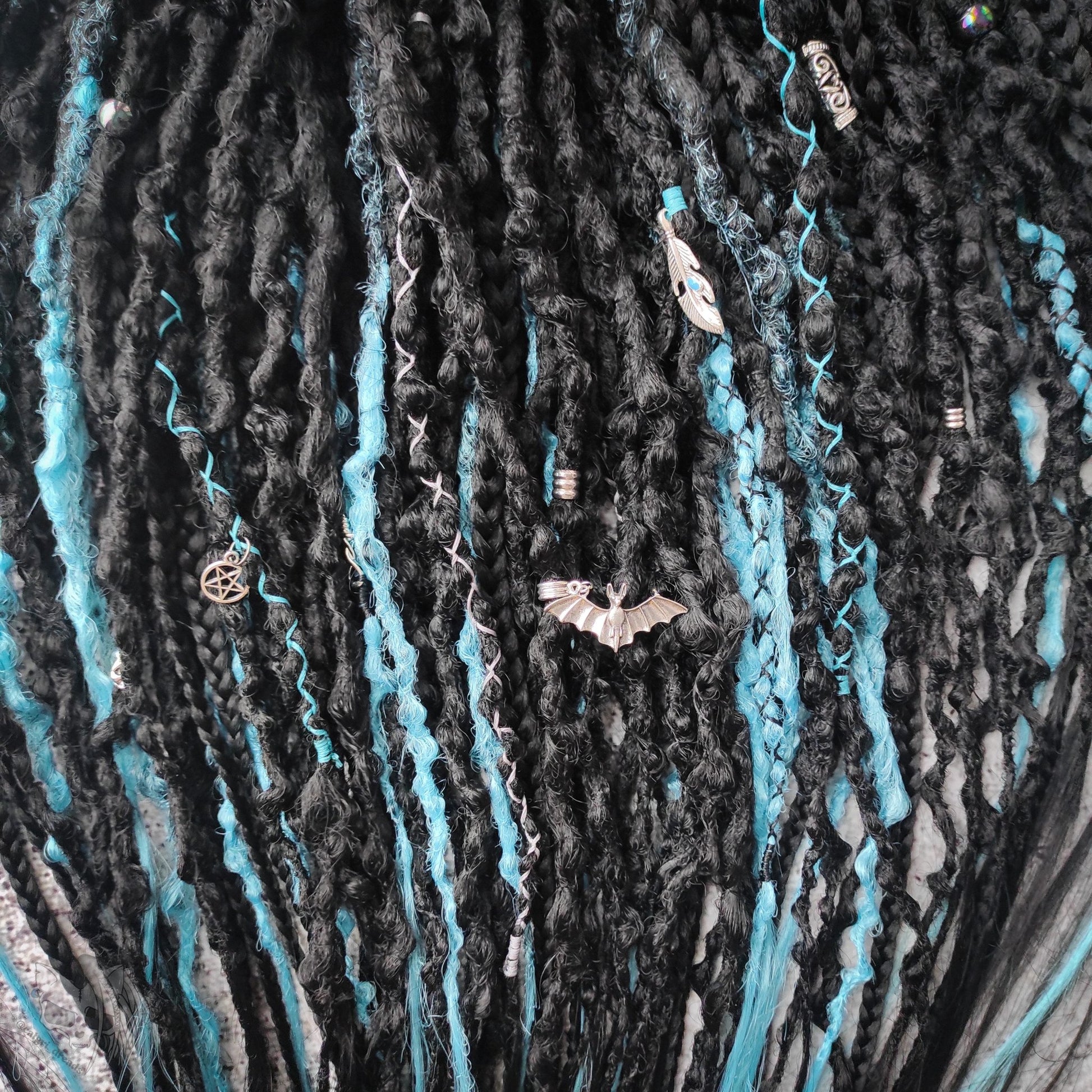 Dark Green Blue Dreads with Braids. Custom Synthetic Extensions