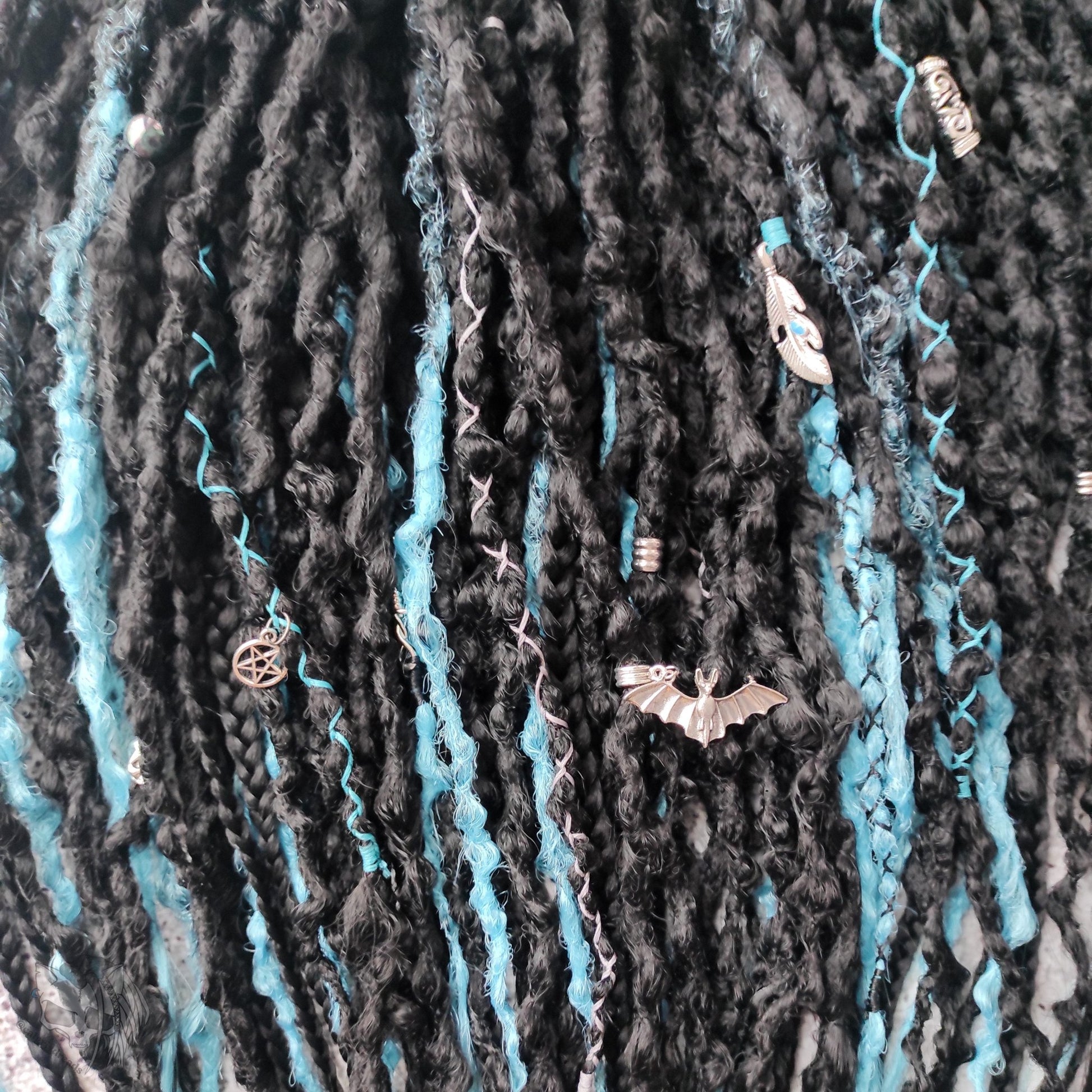 Black with Blue Dreadlocks with Braids. Custom Synthetic Extensions.