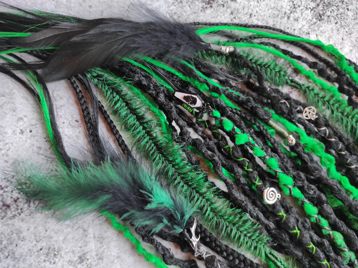 Goth Dreadlocks Black and Green with Feathers