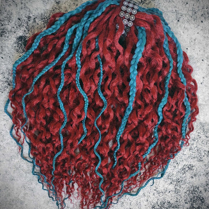 Bright Red Ginger and Green Curly Dreads Extensions.