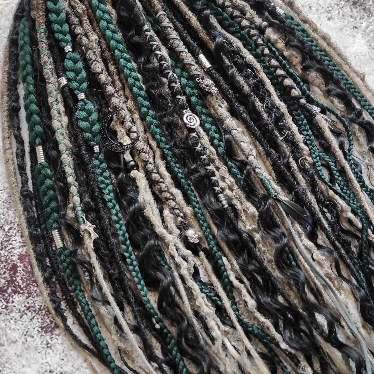 Dark Forest Elf Dreads Gray Black and Green with Curls