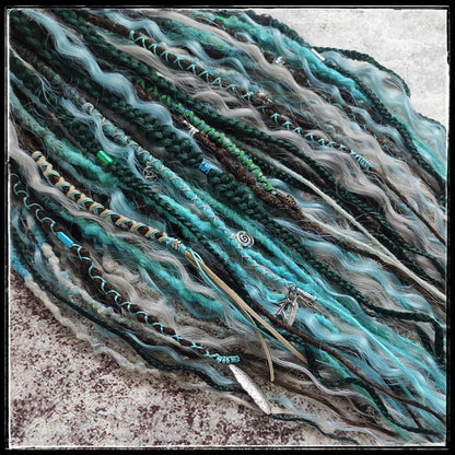 Brown Green Synthetic Dreads with Blue and Gray Curls 