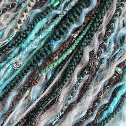 Brown Green Synthetic Dreads with Blue and Gray Curls and Emerald Braids