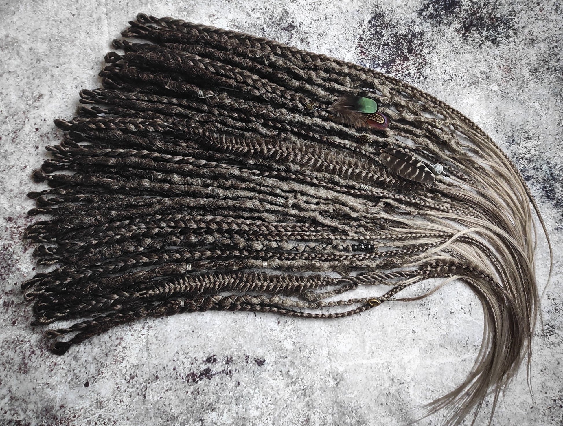 Brown Grey Ombre Dreads with Feathers