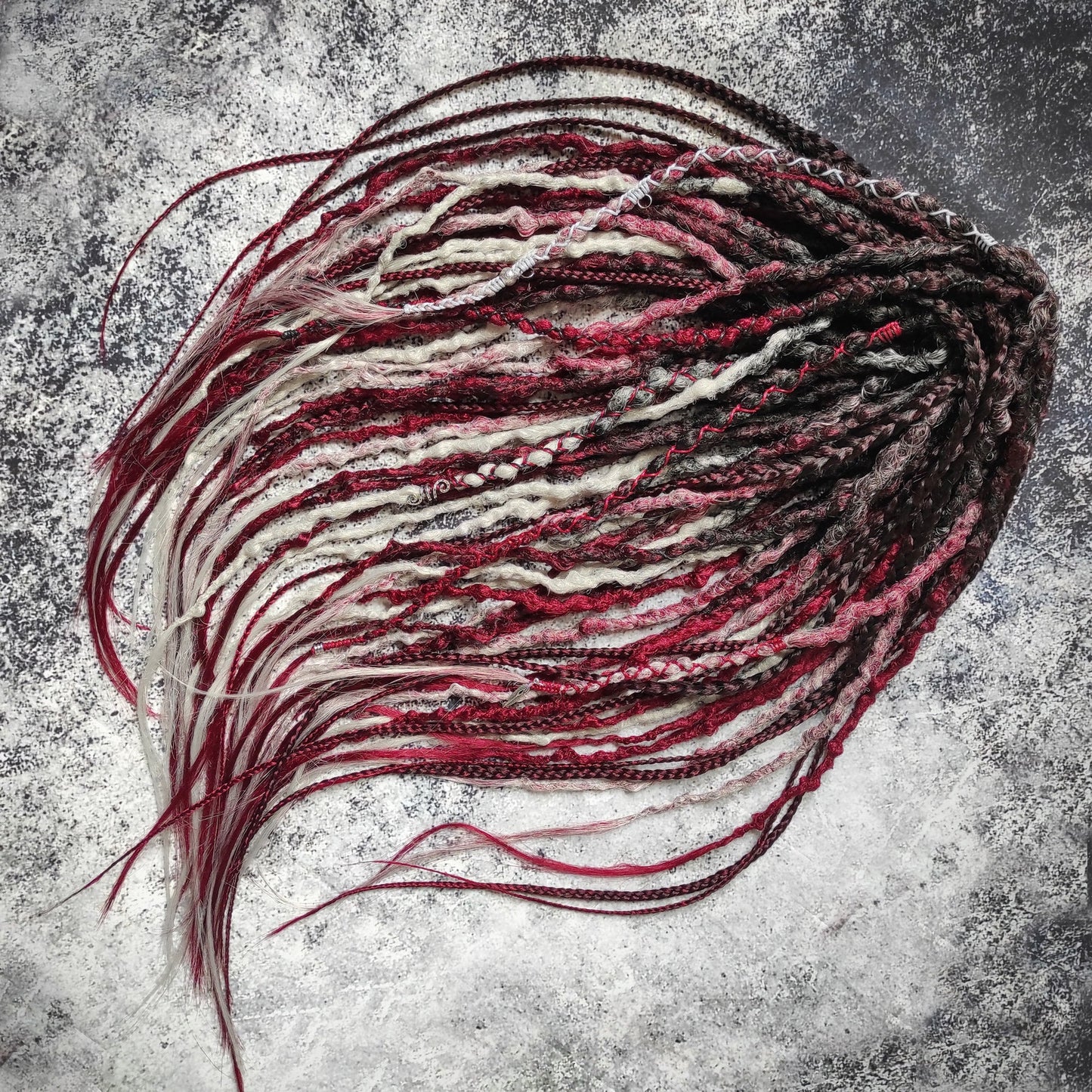Brown to Red and Grey Ombre Synthetic Dreads with Braids