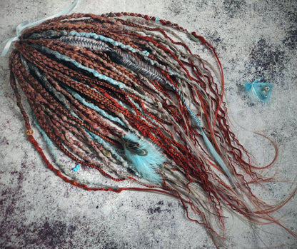 Brown to Red Ginger Gray and Blue Ombre Synthetic Dreads with Curly Braids. Boho/Textured.