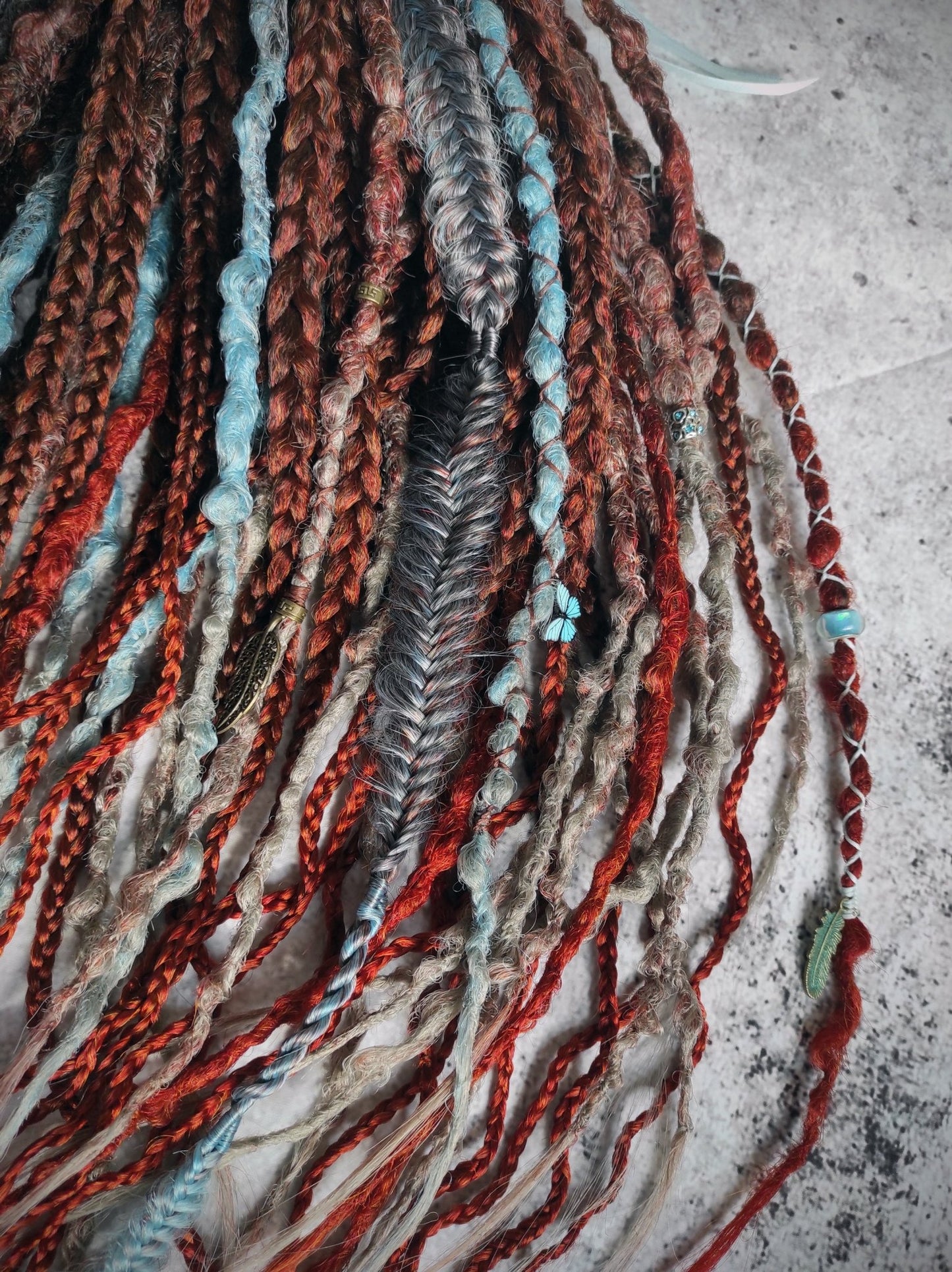 Brown to Red Ginger Gray and Blue Ombre Synthetic Dreads with Curly Braids. Boho/Textured.