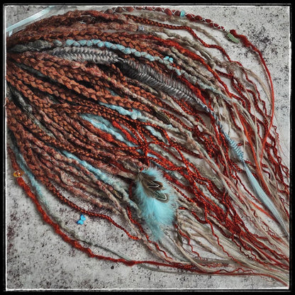 Brown to Red Ginger Gray and Blue Ombre Synthetic Dreads with Curly Braids