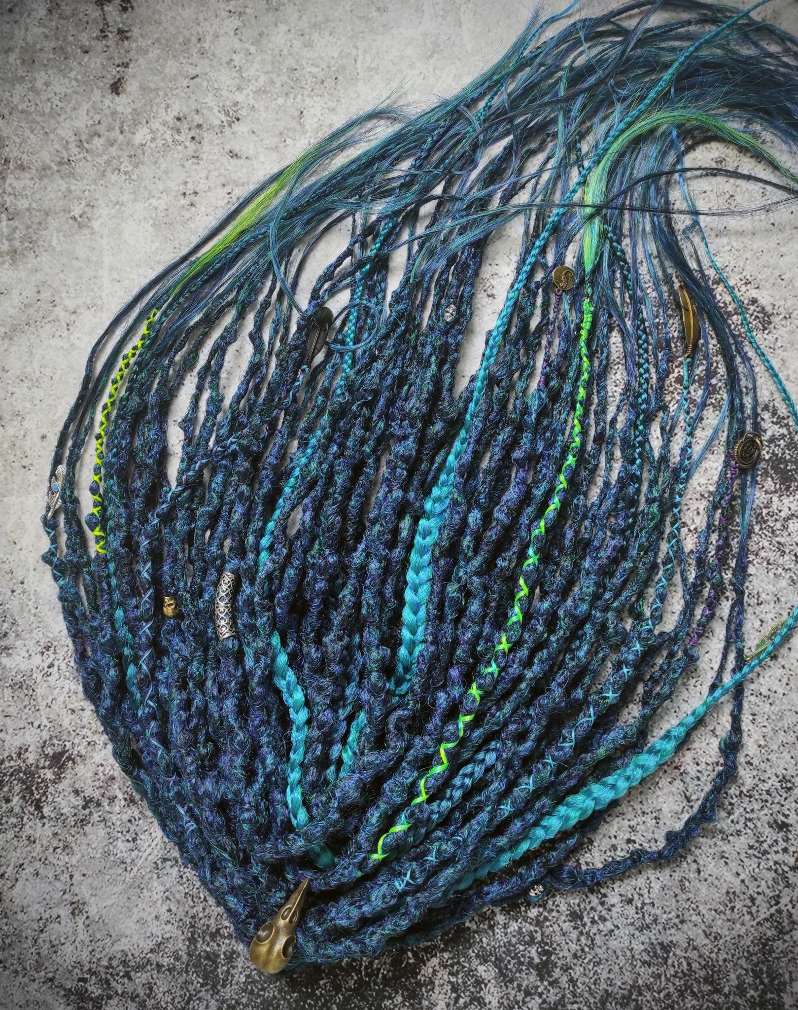 Dark Green Blue Dreads with Braids. Custom Synthetic Extensions