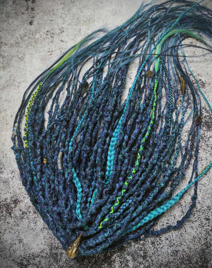 Dark Green Blue Dreads with Braids. Emerald Synthetic  Dreads Extensions.