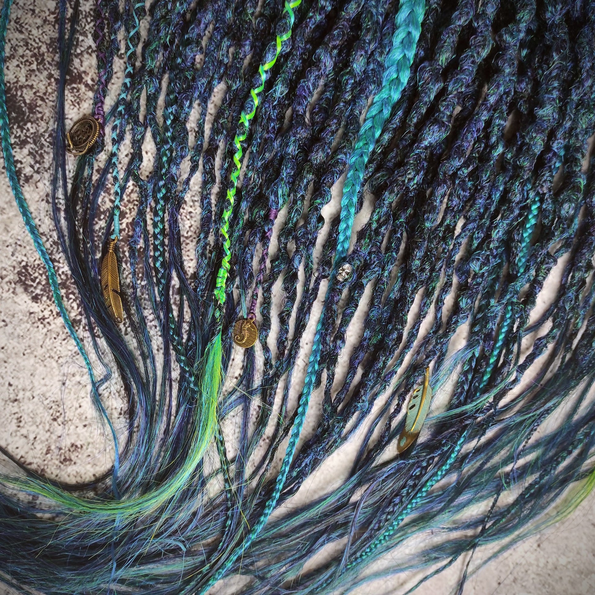 Dark Green Blue Dreads with Braids. Emerald Synthetic  Dreads Extensions.