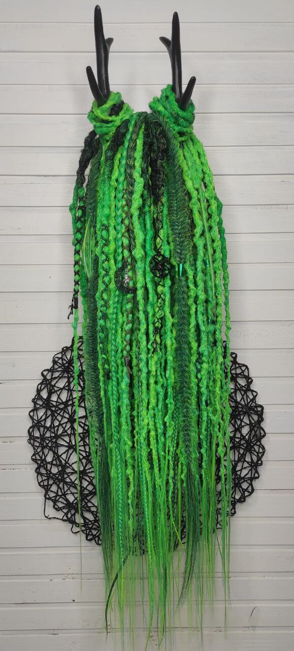 fluo green dreadlocks with braids and goth jewelry