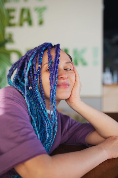 Girl with Purple and Blue Ombre Synthetic Dreads