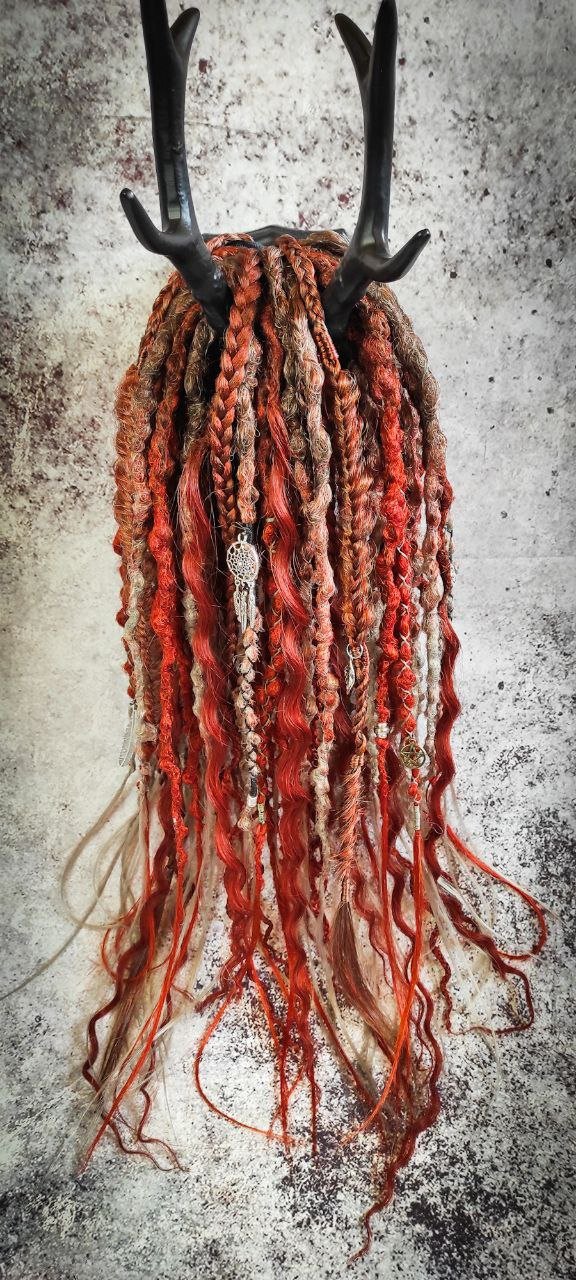 Red Ginger and Gray Ombre Synthetic Dreads with Curls